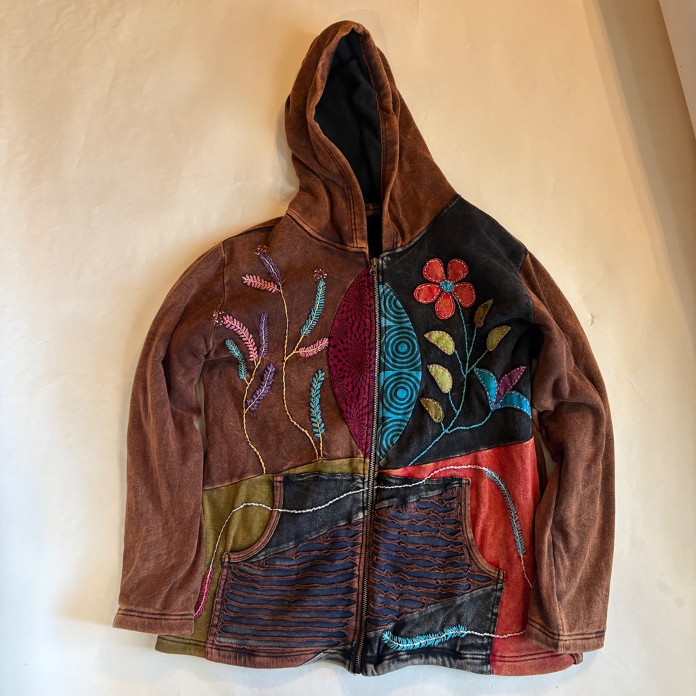 Rising International Patchwork Zip Up Hoodie Brown Boho Floral Embroidered L